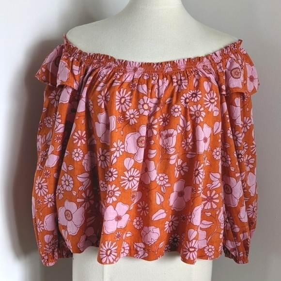 𝅺FREE People Miss Daisy Off the Shoulder Floral Cotton Top S nwt - Picture 4 of 13